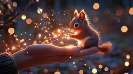 Wall Mural - A squirrel sitting on a hand with a string of lights in the background