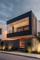 Wall Mural - Modern Architecture House Exterior with Stone Wall and Balcony