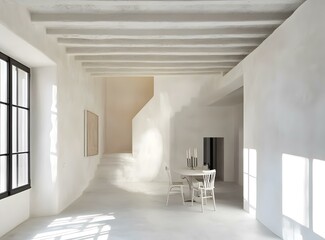 Minimalist White Interior Design With Exposed Wooden Beams