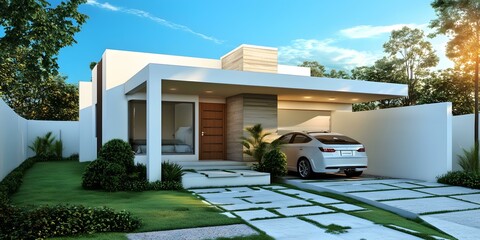 Wall Mural - Modern House with Green Lawn and Car