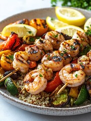 Wall Mural - Grilled shrimp skewers served with vegetables and quinoa, garnished with lemon.