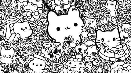 Sticker - Doodle Cat Pattern Black and White Illustration