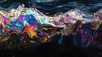 Wall Mural - Reflective metallic waves with dynamic color changes on a dark backdrop