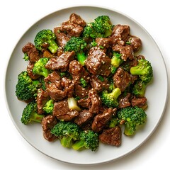 Wall Mural - Delicious beef and broccoli stir-fry on white plate with sesame seeds