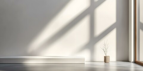 Wall Mural - White Minimalist Room Interior with a Platform and a Plant in a Pot