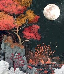 Sticker - Fantasy Night Landscape with Full Moon and Red Trees