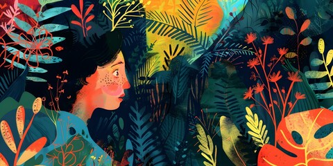 Wall Mural - Woman Hidden in Jungle Illustration