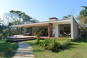 Modern House Design With Large Windows And Wooden Deck