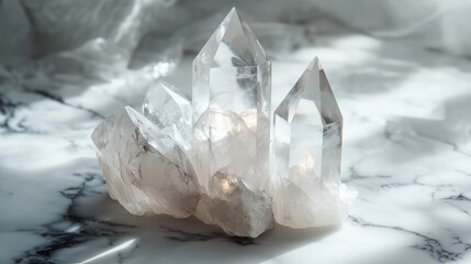 Poster - Beautiful crystal formations reflecting light on a marble surface, creating a serene and tranquil atmosphere in natural lighting