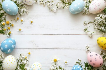 Wall Mural - Easter eggs and spring flowers on white wooden background. Top view with copy space with generative ai