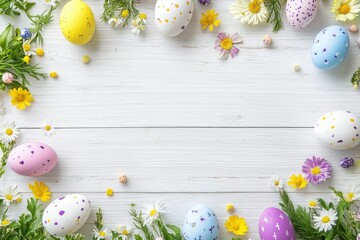 Wall Mural - Easter eggs and spring flowers on white wooden background. Top view with copy space with generative ai