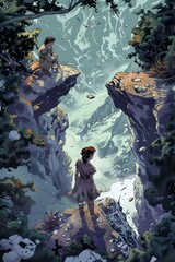 Wall Mural - Fantasy Illustration of Two People on a Cliff Overlooking a Broken Landscape