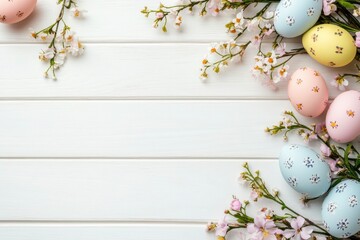 Wall Mural - Easter eggs and spring flowers on white wooden background. Top view with copy space with generative ai