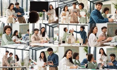 Poster - A diverse group of professionals gathers in a bright, modern office filled with natural light. They share ideas and engage in discussions, using laptops and tablets to enhance their collaboration.