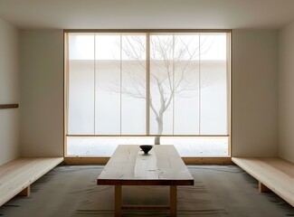 Wall Mural - Minimalist Japanese Interior Design with Wooden Table and Bench