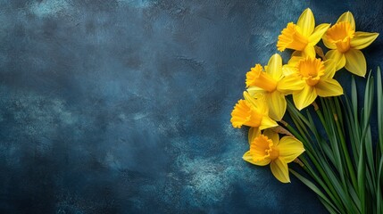 A vibrant display of yellow daffodils against a textured blue background.