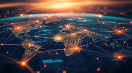 Poster - Global network visualization, with data streams and nodes connecting across a digital landscape, symbolizing international connectivity.