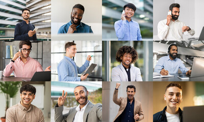 Aufkleber - A collection captures young professionals in various engaging activities within a modern office environment. Some individuals are involved in phone conversations while others are working on laptops