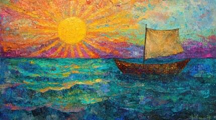 An impressionist seascape painting featuring a boat and sun rays, rendered on textured canvas for a vibrant abstract art background.