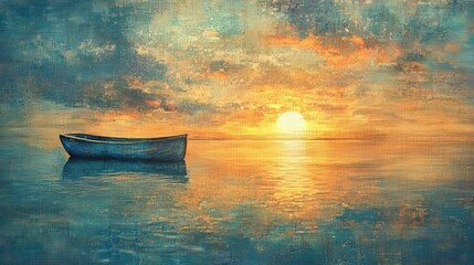 An impressionist seascape painting featuring a boat and sun rays, rendered on textured canvas for a vibrant abstract art background.