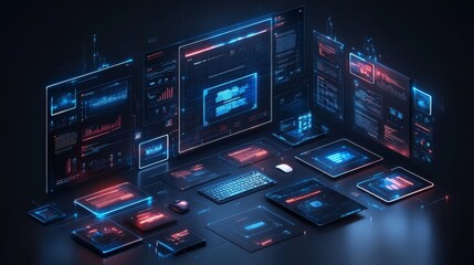 Wall Mural - 3d rendering of a websiteâ€™s front-end elements, immersive web design, advanced user interface deve
