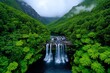 © Sanchai - A misty waterfall cascading down a rock face, deep within the Tasmanian wilderness, surrounded by lush greenery