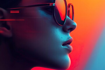 A close-up profile of a person wearing stylish sunglasses with a colorful, modern background.