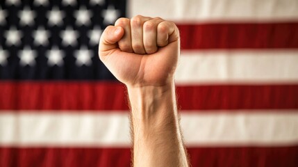 A man's fist against the background of the US flag as a symbol of protest, strike, demonstrations, struggle for rights, strength, victory, independence, fighting for a just cause and patriotism.