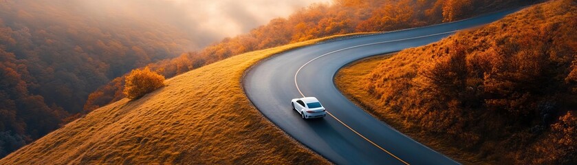 A serene road winding through lush hills, showcasing a modern vehicle in a picturesque landscape with soft lighting.