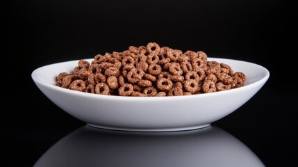 Crispy brown cereal pillows in white bowl on black glass