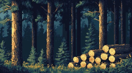 Pixel style pine forest with logs stacked neatly, offering a beautifully detailed and nostalgic take on a rustic woodland scene.