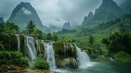 Lush Green Landscape with Cascading Waterfall and Misty Mountains