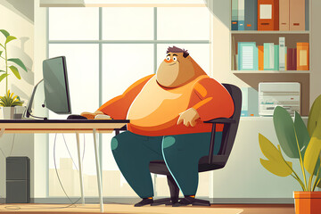 Poster - A cartoonish man sitting at a desk in an office, focused on a computer screen.