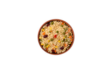 Wall Mural - Boiled wheat bulgur porridge with vegetables peppers, peas, corn