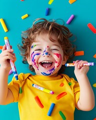 impish toddler joyfully coloring themselves in vibrant pop art style