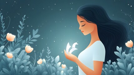 Vector-style illustration of a woman holding a white ribbon for White January mental health awareness, with a clean backdrop.