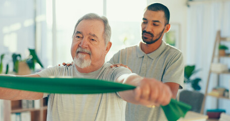 Wall Mural - Resistance band, physiotherapy and man with patient for mobility, medical service and consulting. Healthcare, physical therapy and chiropractor with person for rehabilitation, recovery and stretching