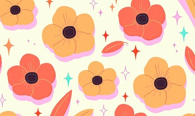 A vibrant floral pattern featuring stylized flowers and sparkling elements on a light background.