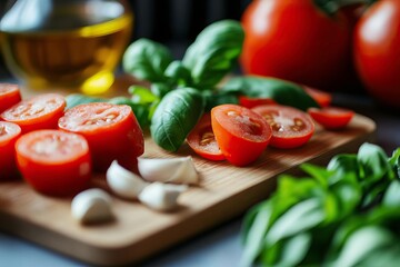 Fresh tomatoes, basil, and garlic on a wooden cutting board, ideal for culinary use and healthy meal preparations.