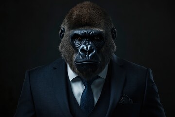 Gorilla like a human in suit. Portrait of a strong gorilla in a suit on a dark background with generative ai