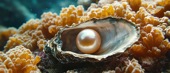 close-up detail shot of a beautiful pearl inside an ope oyster on the corals