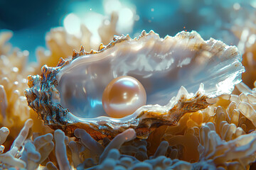 Wall Mural - close-up detail shot of a beautiful pearl inside an ope oyster on the corals