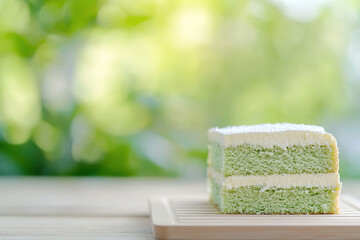 Wall Mural - green matcha cake, delicious sugar, Dessert, picnic grid, green mention in the park, light green background