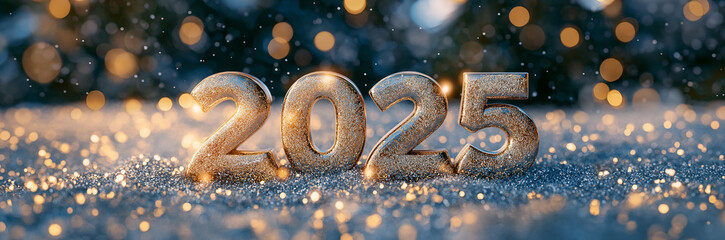 2025 - New Year Sparkle. Glittering gold 2025 numerals on a shimmering backdrop, symbolizing a fresh start and new beginnings.