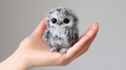 Canvas Print - A small gray and white owl sitting on a person