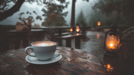 Poster - A cup of coffee sitting on top of a wooden table