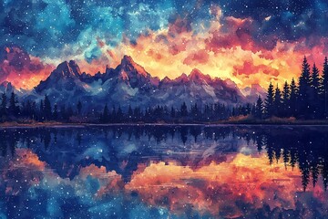 Glowing stars reflected in a peaceful fantasy lake, mountains in the background, Watercolor style