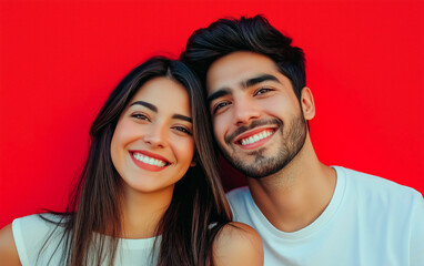 Portrait of cheerful young couple isolated over red background and empty space for text.