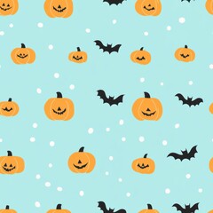 Wall Mural - A pattern of pumpkins and bats on a blue background