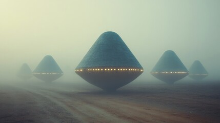 Wall Mural - A group of four space-like structures are on a foggy, desolate landscape